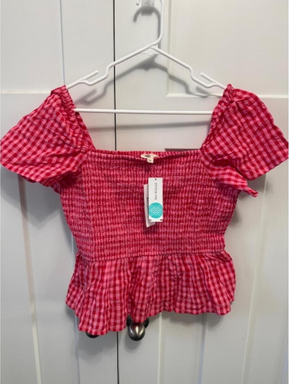 NWT Dizzy Lizzy gingham red and pink short sleeve smocked shirt size Large